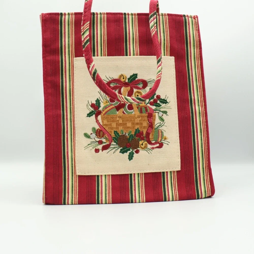 Longaberger Christmas Fabric Gift Bag Tote Holiday Holly Ribbon Basket Bells